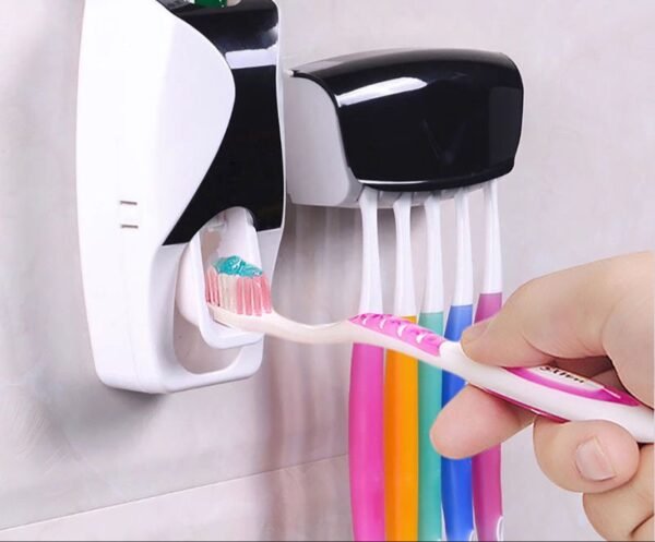 Dispensador automático de pasta de dientes + juego de 5 soportes para cepillo de dientes