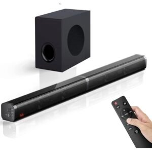 sistema de barra de sonido (soundbar) con un subwoofer separado y control remoto.